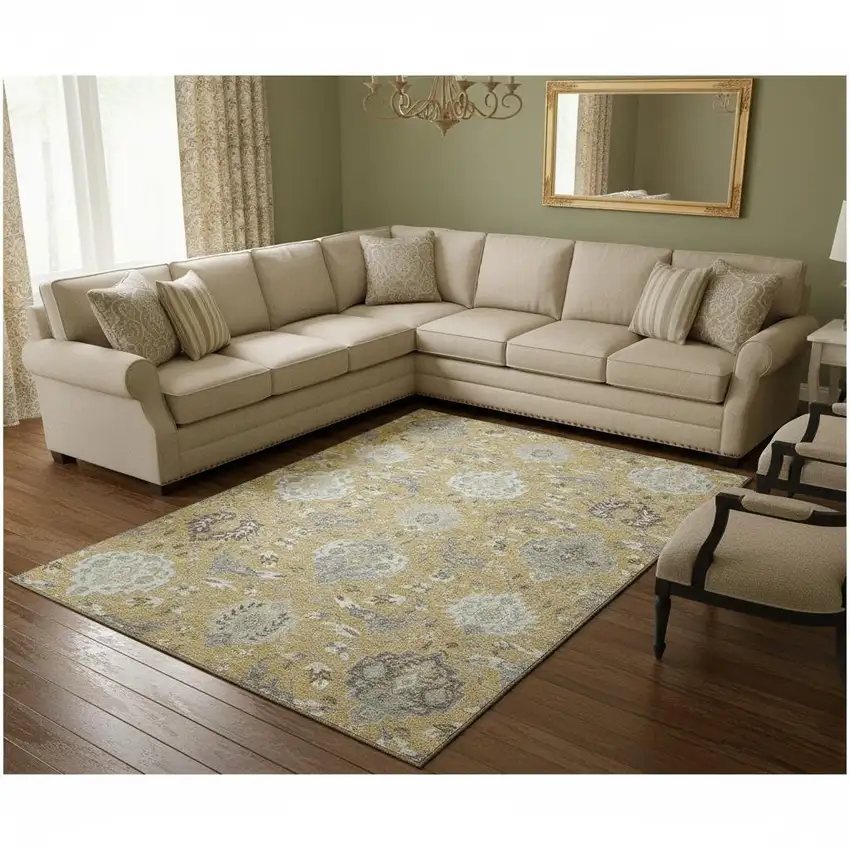 Gold Gray And Ivory Damask Washable Area Rug With UV Protection Photo 2