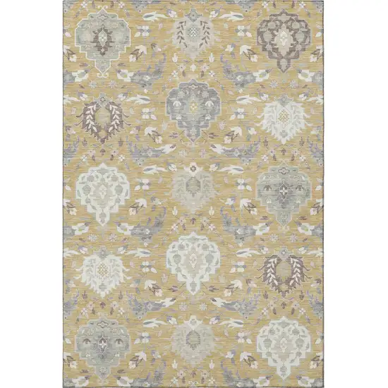 Gold Gray And Ivory Damask Washable Area Rug With UV Protection Photo 3