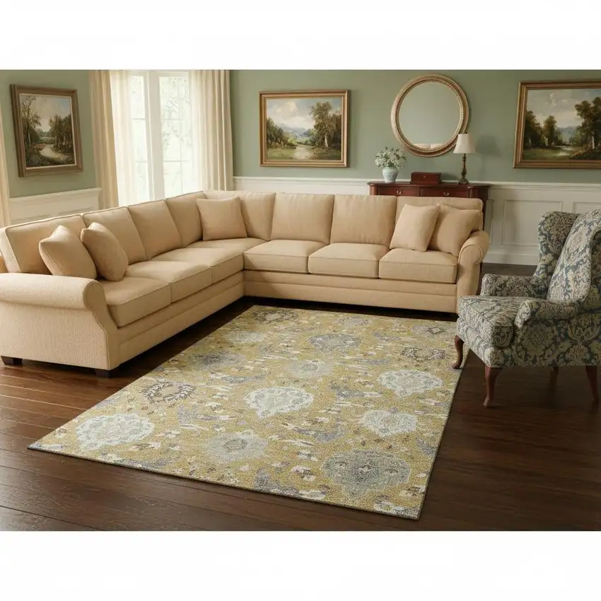 Gold Gray And Ivory Damask Washable Area Rug With UV Protection Photo 2