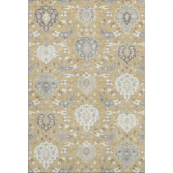 Gold Gray And Ivory Damask Washable Area Rug With UV Protection Photo 1