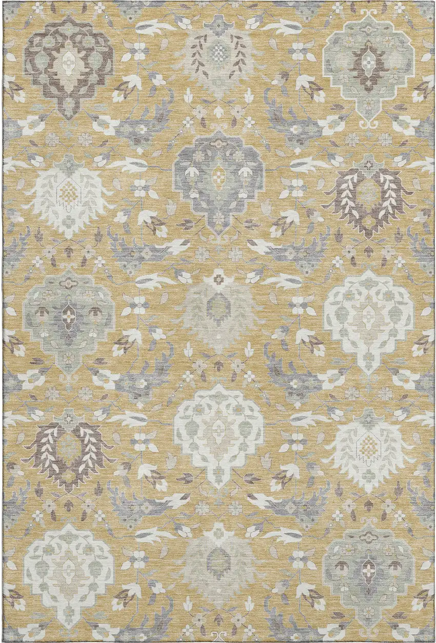 Gold Gray And Ivory Damask Washable Area Rug With UV Protection Photo 1