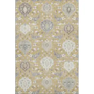 Photo of Gold Gray And Ivory Damask Washable Area Rug With UV Protection