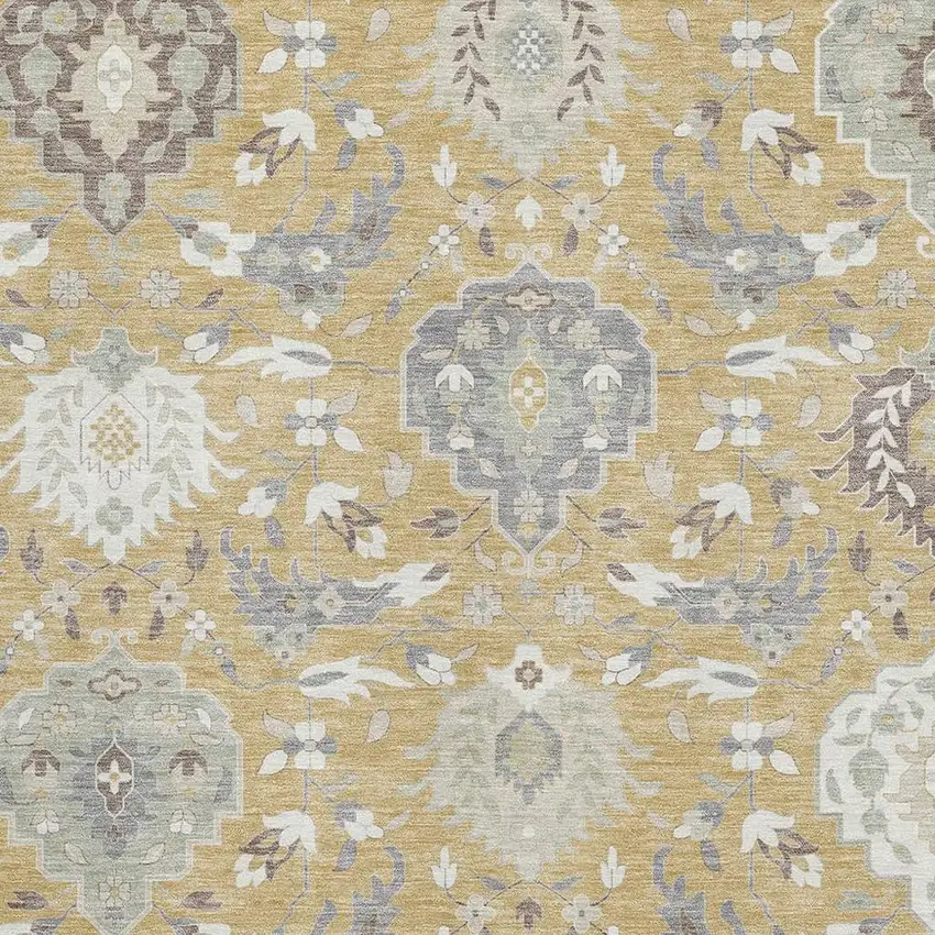 Gold Gray And Ivory Damask Washable Area Rug With UV Protection Photo 2