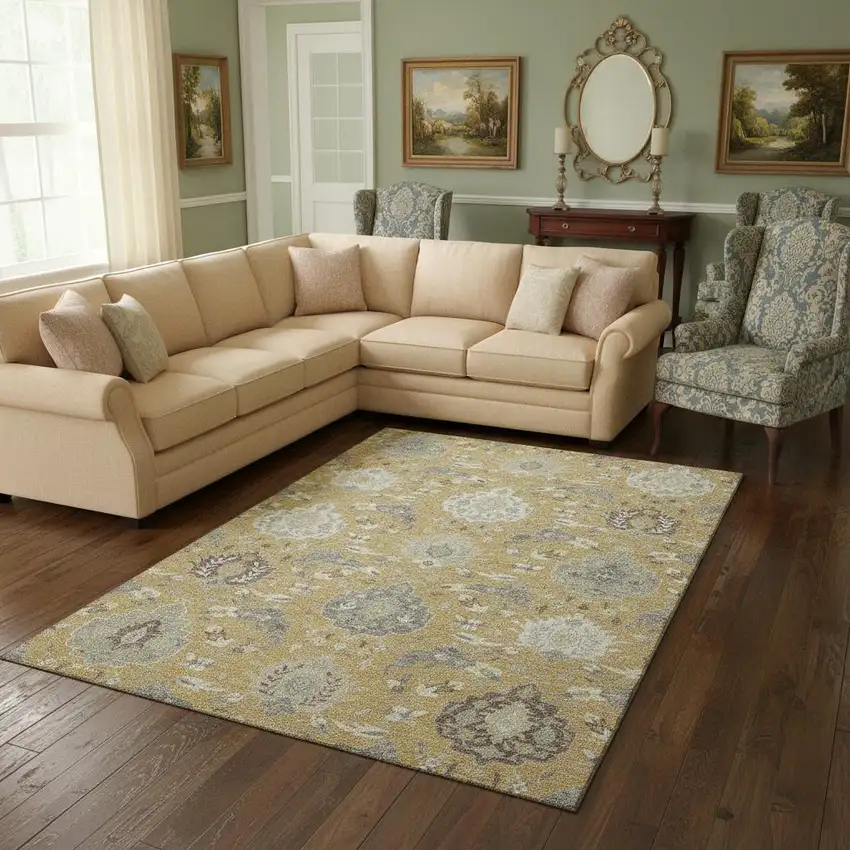 Gold Gray And Ivory Damask Washable Area Rug With UV Protection Photo 2