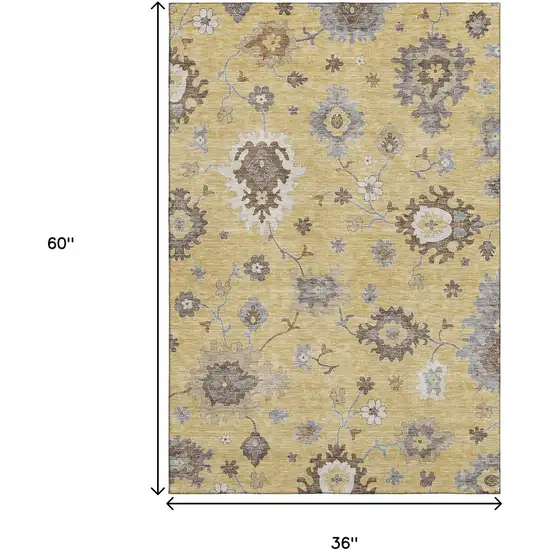 Gold Gray And Ivory Floral Medallion Washable Area Rug With UV Protection Photo 3