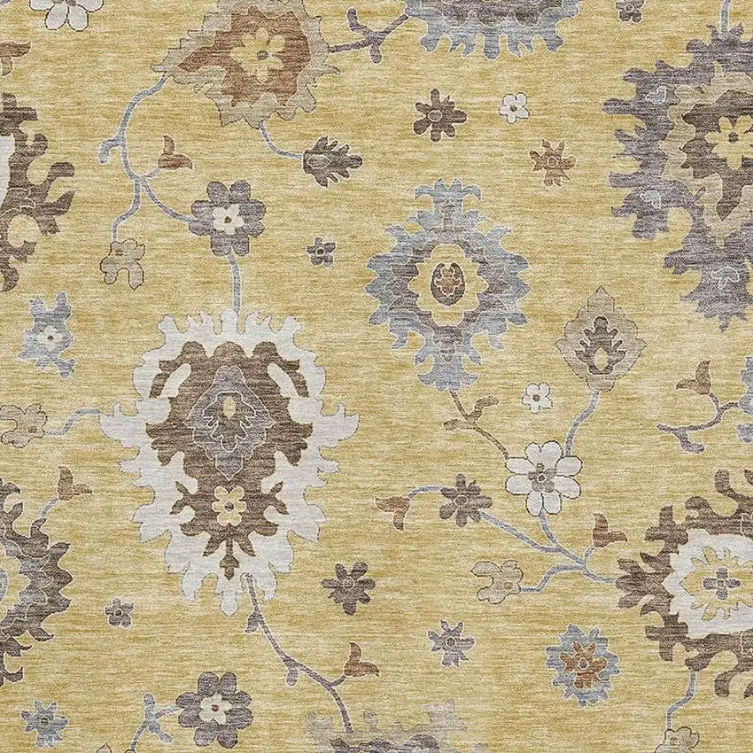 Gold Gray And Ivory Floral Medallion Washable Area Rug With UV Protection Photo 3