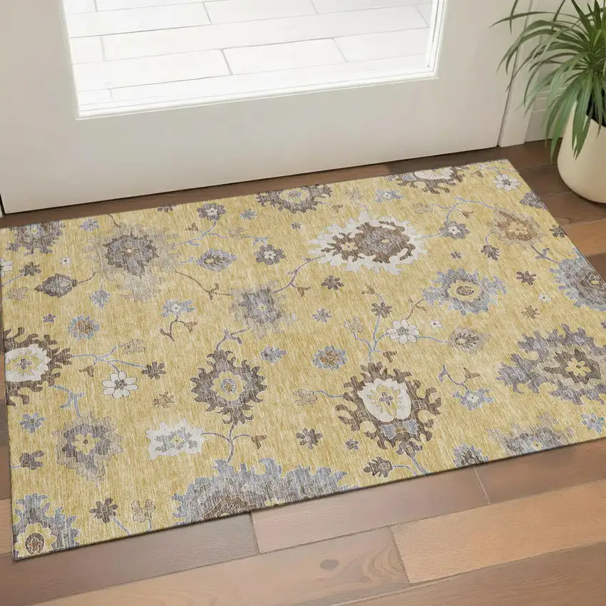 Gold Gray And Ivory Floral Medallion Washable Area Rug With UV Protection Photo 1