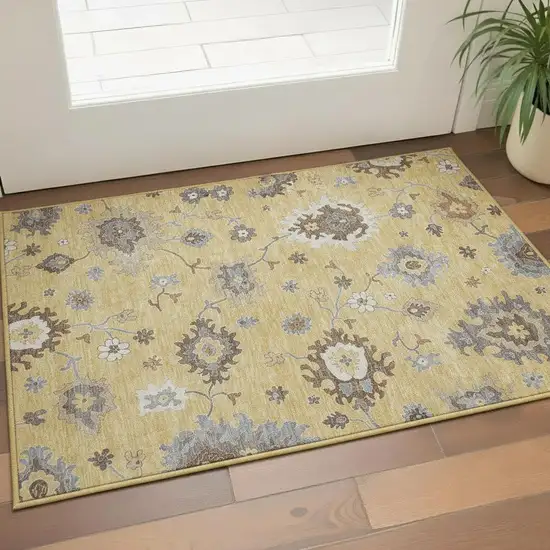 Gold Gray And Ivory Floral Medallion Washable Area Rug With UV Protection Photo 2