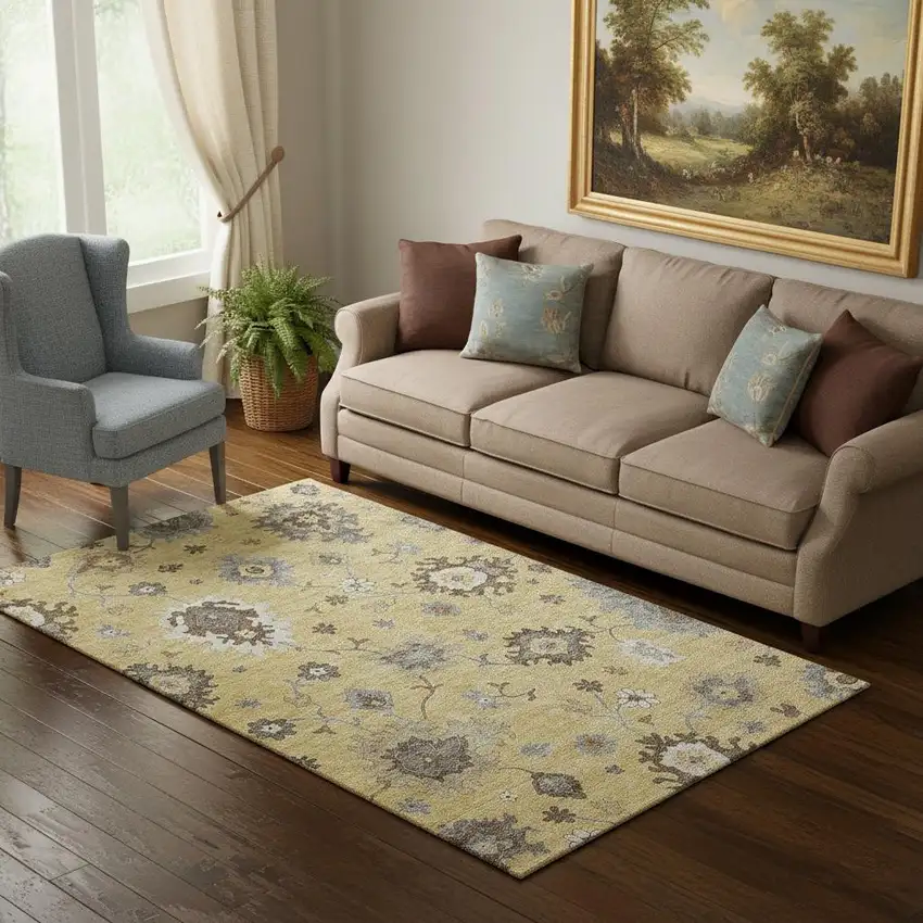 Gold Gray And Ivory Floral Medallion Washable Area Rug With UV Protection Photo 1