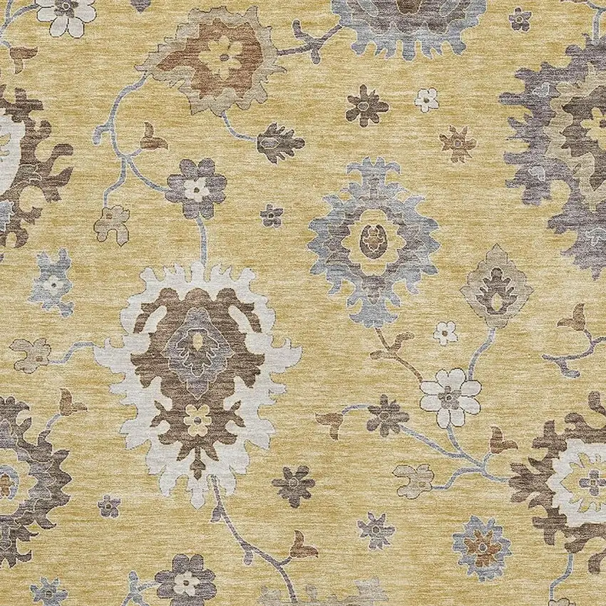 Gold Gray And Ivory Floral Medallion Washable Area Rug With UV Protection Photo 3