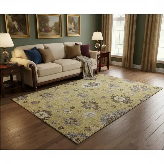 Gold Gray And Ivory Floral Medallion Washable Area Rug With UV Protection Photo 2