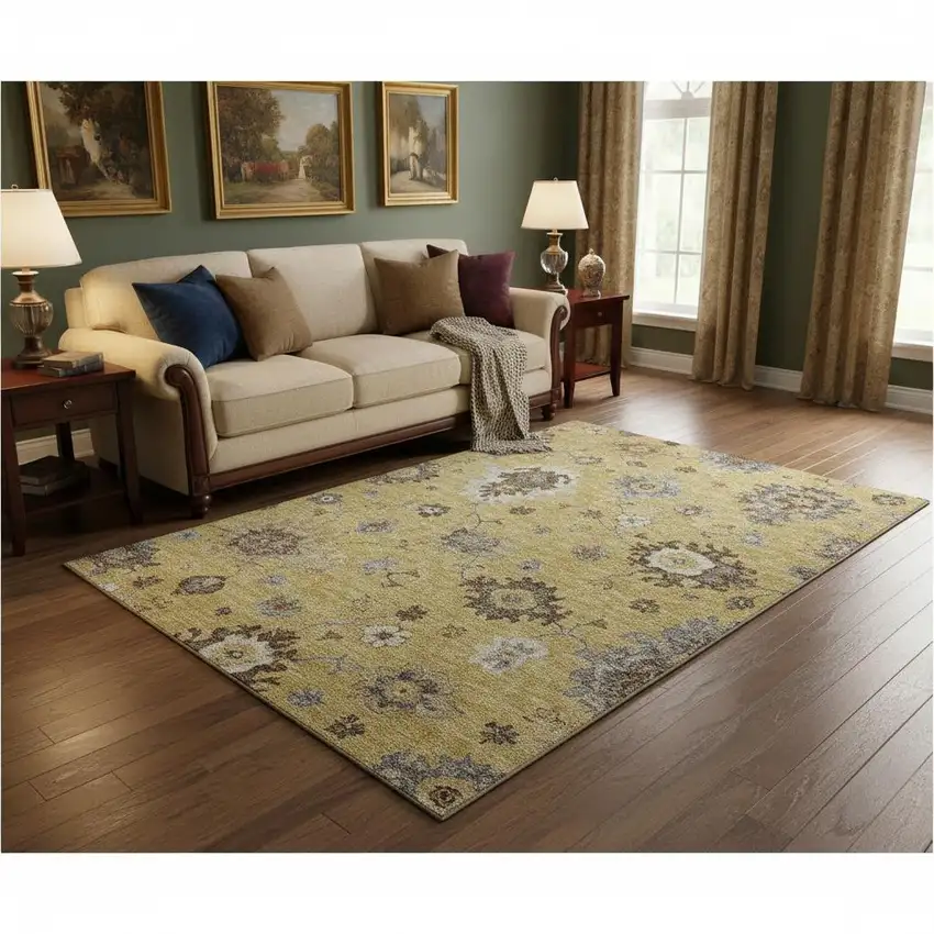 Gold Gray And Ivory Floral Medallion Washable Area Rug With UV Protection Photo 2