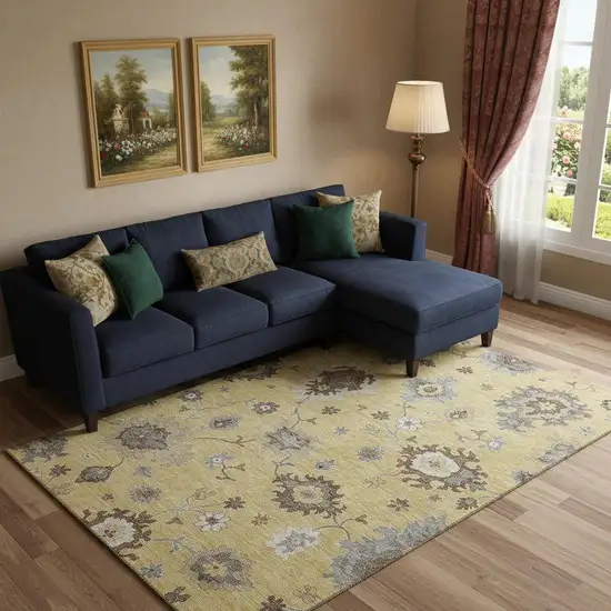 Gold Gray And Ivory Floral Medallion Washable Area Rug With UV Protection Photo 1