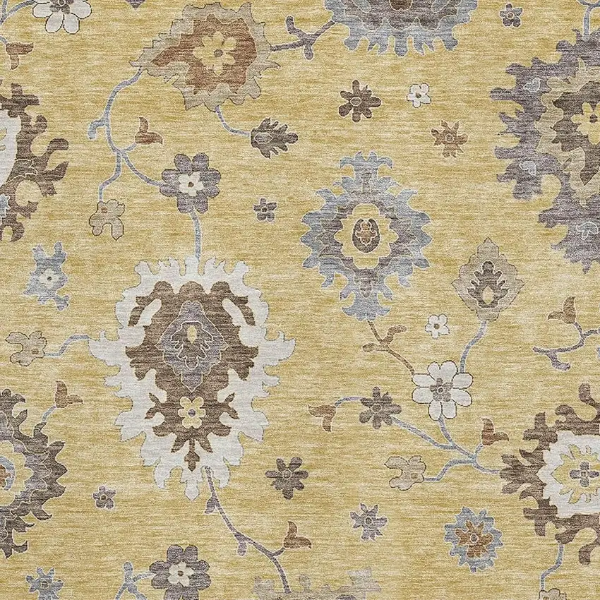 Gold Gray And Ivory Floral Medallion Washable Area Rug With UV Protection Photo 3