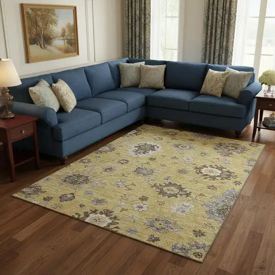 Gold Gray And Ivory Floral Medallion Washable Area Rug With UV Protection Photo 2