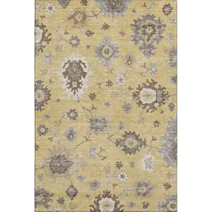 Photo of Gold Gray And Ivory Floral Medallion Washable Area Rug With UV Protection