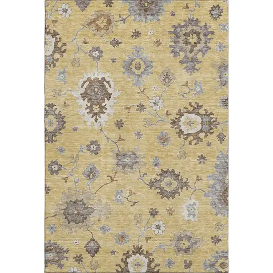 Gold Gray And Ivory Floral Medallion Washable Area Rug With UV Protection Photo 1