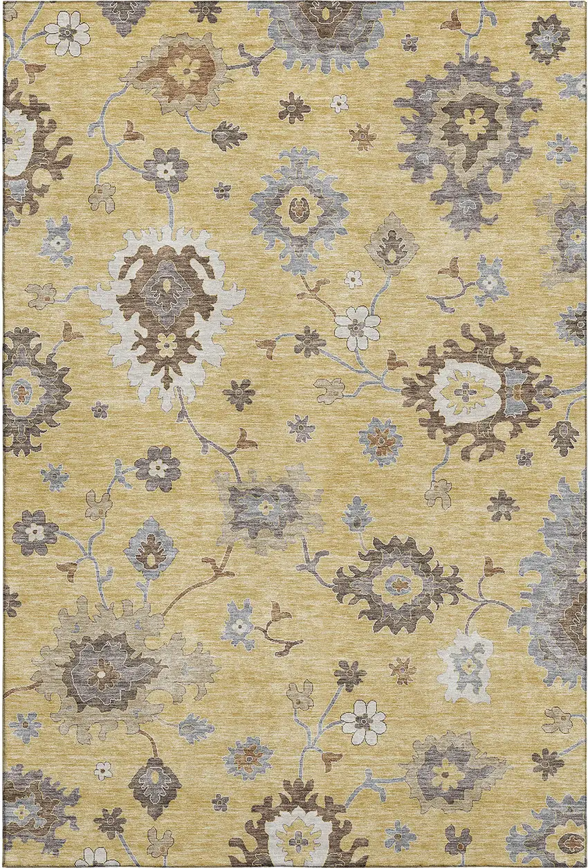 Gold Gray And Ivory Floral Medallion Washable Area Rug With UV Protection Photo 1