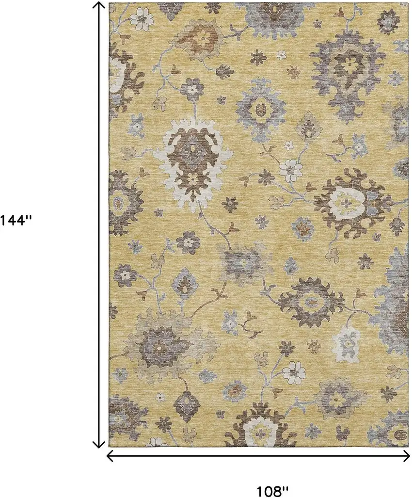 Gold Gray And Ivory Floral Medallion Washable Area Rug With UV Protection Photo 3