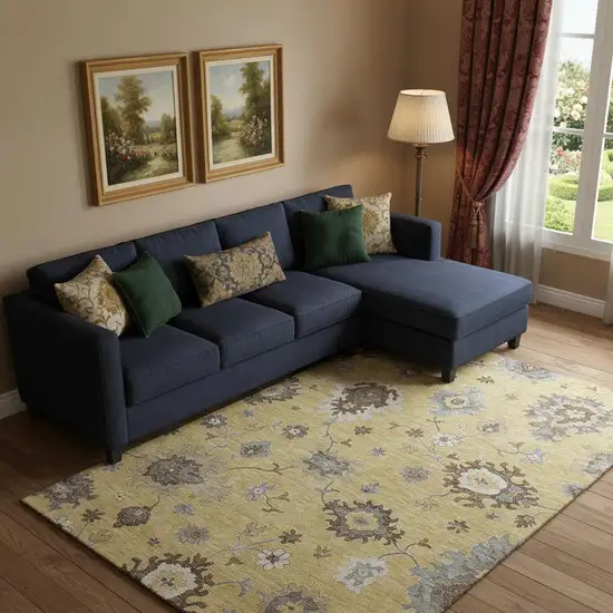 Gold Gray And Ivory Floral Medallion Washable Area Rug With UV Protection Photo 1