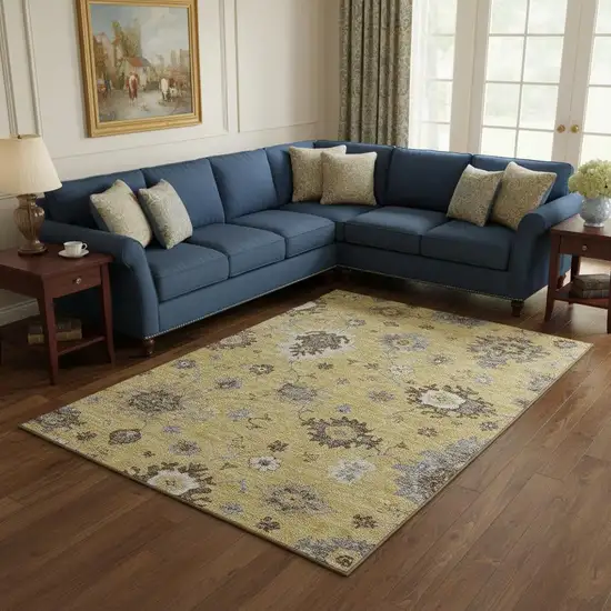 Gold Gray And Ivory Floral Medallion Washable Area Rug With UV Protection Photo 2