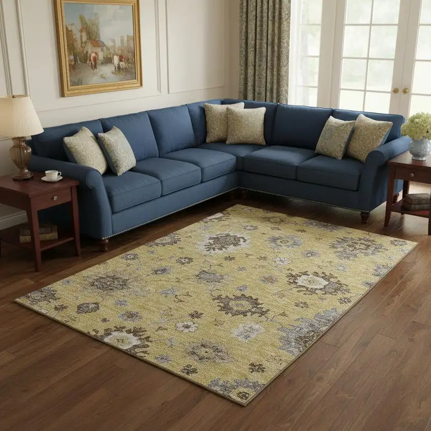 Gold Gray And Ivory Floral Medallion Washable Area Rug With UV Protection Photo 2