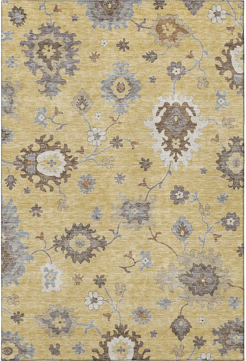 Gold Gray And Ivory Floral Medallion Washable Area Rug With UV Protection Photo 3