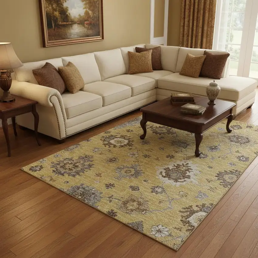 Gold Gray And Ivory Floral Medallion Washable Area Rug With UV Protection Photo 2