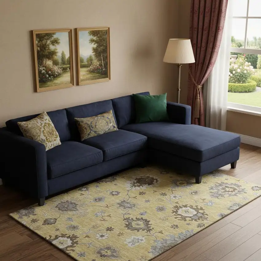 Gold Gray And Ivory Floral Medallion Washable Area Rug With UV Protection Photo 1