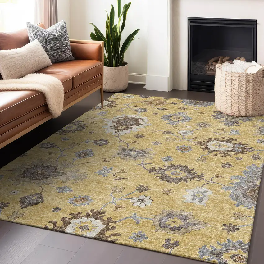 Gold Gray And Ivory Floral Medallion Washable Area Rug With UV Protection Photo 5