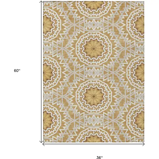 Gold Gray And Ivory Floral Medallion Washable Indoor Outdoor Area Rug Photo 3