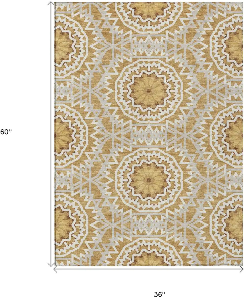 Gold Gray And Ivory Floral Medallion Washable Indoor Outdoor Area Rug Photo 3
