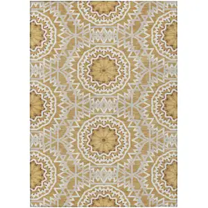 Photo of Gold Gray And Ivory Floral Medallion Washable Indoor Outdoor Area Rug