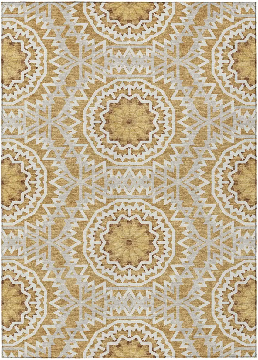 Gold Gray And Ivory Floral Medallion Washable Indoor Outdoor Area Rug Photo 2