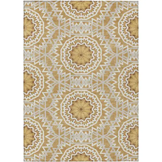 Gold Gray And Ivory Floral Medallion Washable Indoor Outdoor Area Rug Photo 2