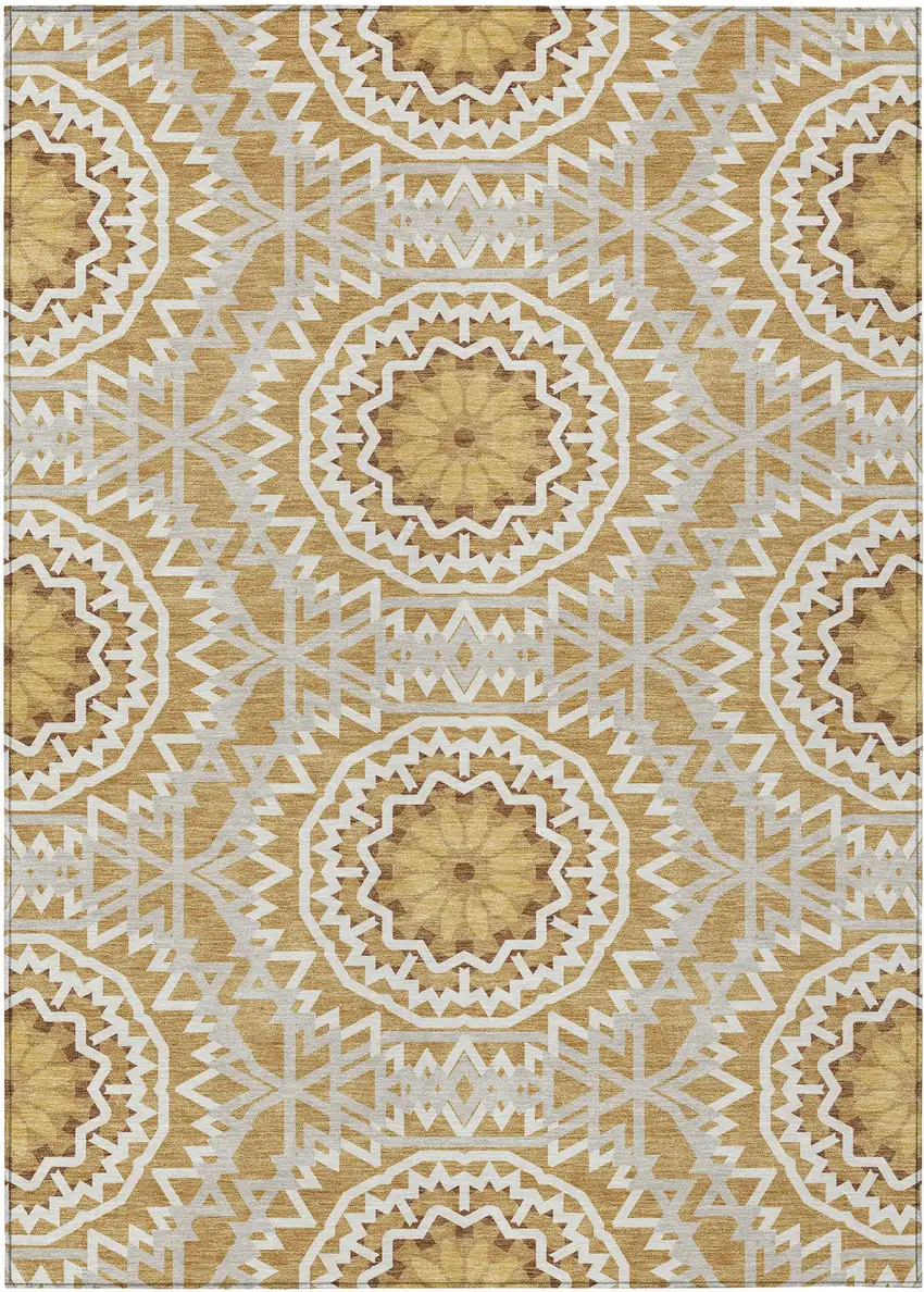 Gold Gray And Ivory Floral Medallion Washable Indoor Outdoor Area Rug Photo 2