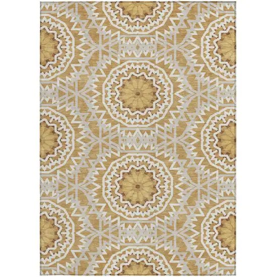 Gold Gray And Ivory Floral Medallion Washable Indoor Outdoor Area Rug Photo 6