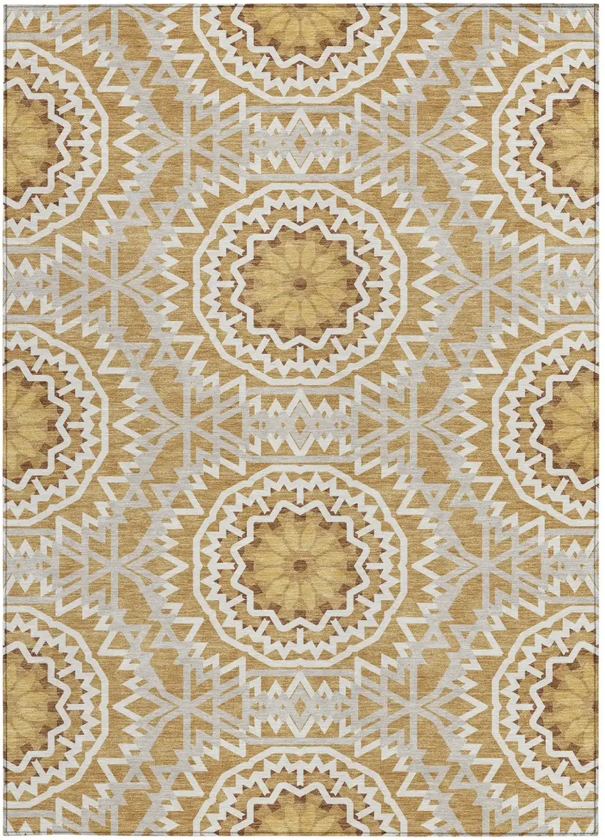 Gold Gray And Ivory Floral Medallion Washable Indoor Outdoor Area Rug Photo 6