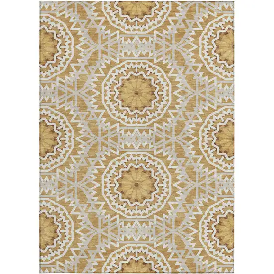 Gold Gray And Ivory Floral Medallion Washable Indoor Outdoor Area Rug Photo 6