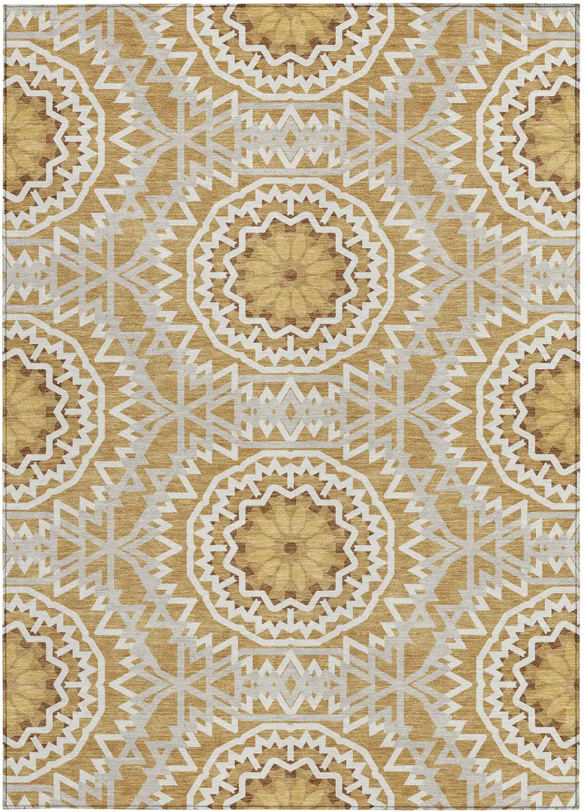 Gold Gray And Ivory Floral Medallion Washable Indoor Outdoor Area Rug Photo 6