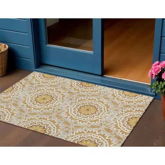 Gold Gray And Ivory Floral Medallion Washable Indoor Outdoor Area Rug Photo 1