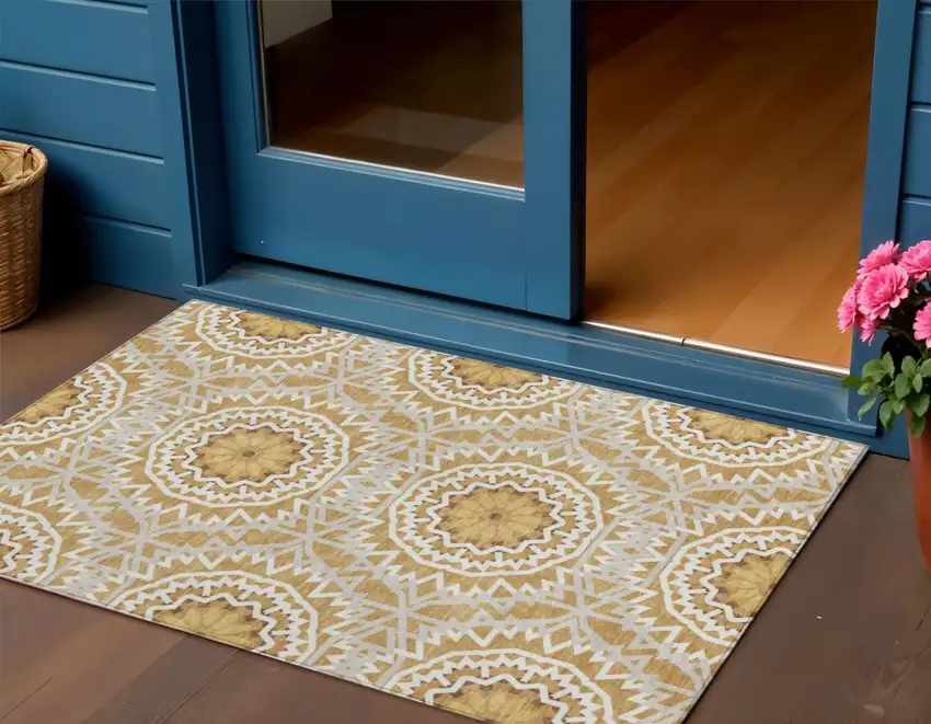 Gold Gray And Ivory Floral Medallion Washable Indoor Outdoor Area Rug Photo 1