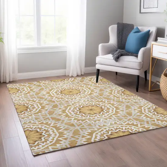 Gold Gray And Ivory Floral Medallion Washable Indoor Outdoor Area Rug Photo 8