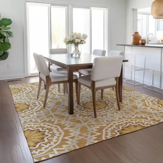 Gold Gray And Ivory Floral Medallion Washable Indoor Outdoor Area Rug Photo 9