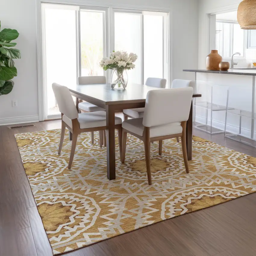 Gold Gray And Ivory Floral Medallion Washable Indoor Outdoor Area Rug Photo 9