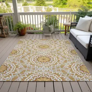 Photo of Gold Gray And Ivory Floral Medallion Washable Indoor Outdoor Area Rug