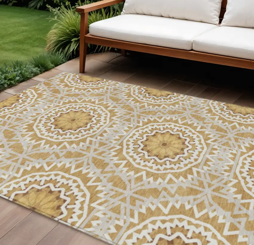Gold Gray And Ivory Floral Medallion Washable Indoor Outdoor Area Rug Photo 1