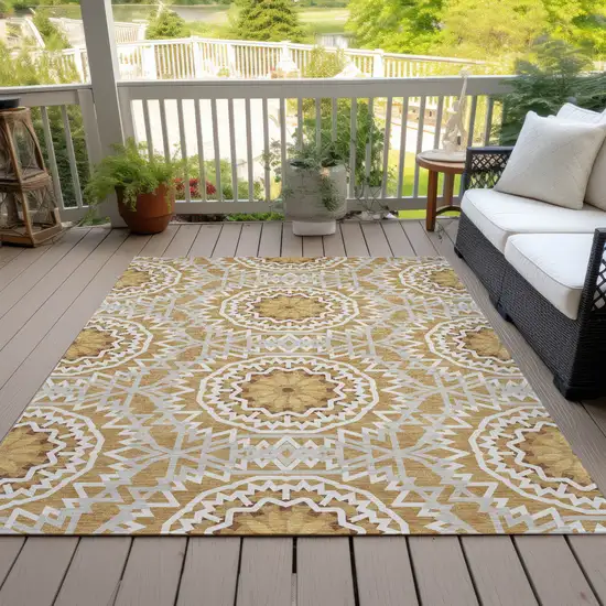 Gold Gray And Ivory Floral Medallion Washable Indoor Outdoor Area Rug Photo 9