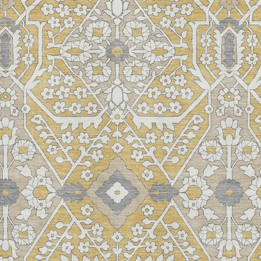 Gold Gray And Ivory Floral Washable Area Rug With UV Protection Photo 4