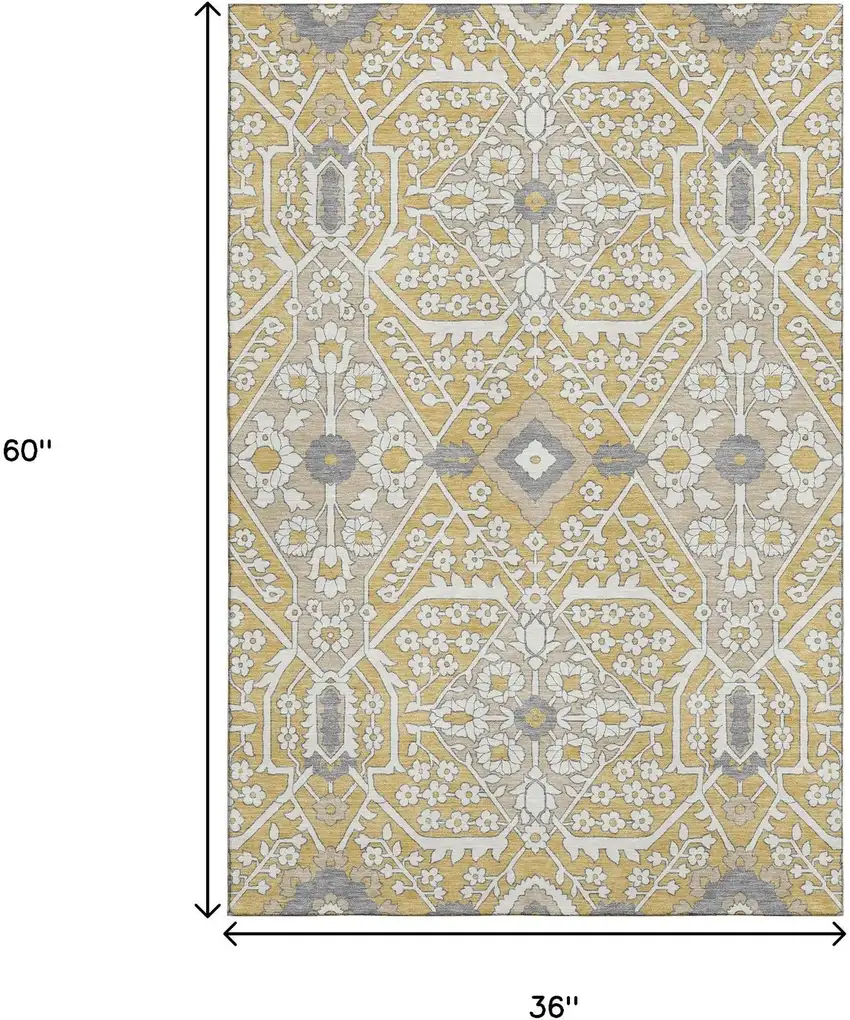 Gold Gray And Ivory Floral Washable Area Rug With UV Protection Photo 3